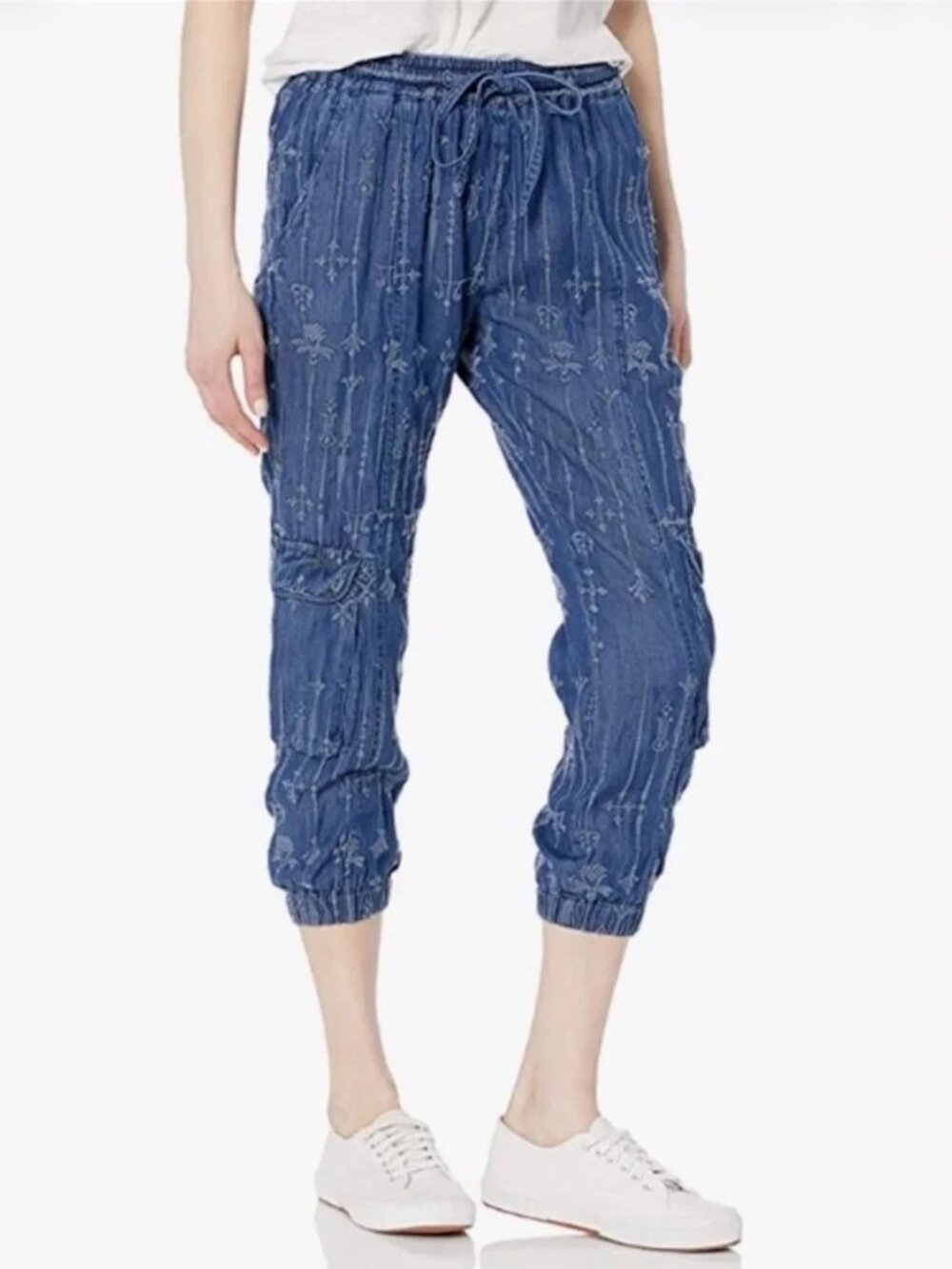 Johnny Was Embroidered Pete & Greta Vera Denim Jogger Pants Denim Blue